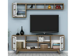 Dmora Armário de TV Djajal, Aparador de sala, Armário de TV baixo, Base de parede equipada, 160x35h56 cm, Nogueira e Branco^ Móvel De Tv