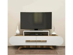 Dmora Armário de TV Dkastano, Aparador de sala, Armário de TV baixo, Base de parede atTrançado, 145x37h50 cm, Noz e Branco^ Móvel De Tv