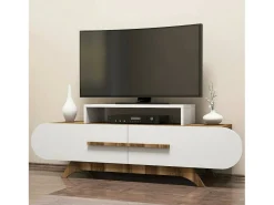 Dmora Armário de TV Dkastano, Aparador de sala, Armário de TV baixo, Base de parede atTrançado, 145x37h50 cm, Noz e Branco^ Móvel De Tv