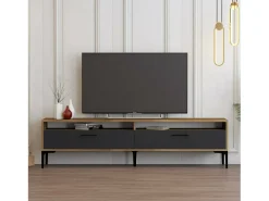 Clearance Dmora Armário de TV Dkumbull, Aparador de sala, Armário de TV baixo, Base de parede equipada, 180x47h35 cm, Nogueira e Antracite Castanho