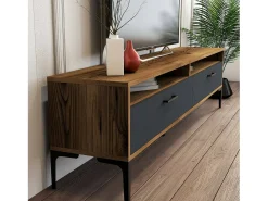 Clearance Dmora Armário de TV Dkumbull, Aparador de sala, Armário de TV baixo, Base de parede equipada, 180x47h35 cm, Nogueira e Antracite Castanho