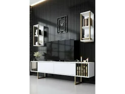 Móvel De Tv*Dmora Armário de TV Dliveran, Aparador de sala, Armário de TV baixo, Base de parede equipada, 180x30h48 cm, Preto e Branco