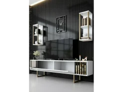 Móvel De Tv*Dmora Armário de TV Dliveran, Aparador de sala, Armário de TV baixo, Base de parede equipada, 180x30h48 cm, Preto e Branco