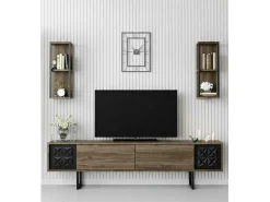 Móvel De Tv*Dmora Armário de TV Dmiggian, Aparador de sala, Armário de TV baixo, Base de parede equipada, 180x30h48 cm, Nogueira e Preto Castanho