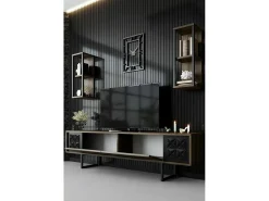 Móvel De Tv*Dmora Armário de TV Dmiggian, Aparador de sala, Armário de TV baixo, Base de parede equipada, 180x30h48 cm, Nogueira e Preto Castanho