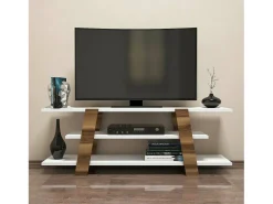 Móvel De Tv*Dmora Armário de TV Doukhadd, Aparador de sala, Armário de TV baixo, Base de parede equipada, 120x34h42 cm, Nogueira e Branco Castanho