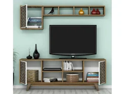 Dmora Armário de TV Dpandolf, Aparador de sala, Armário de TV baixo, Base de parede equipada, 160x35h56 cm, Nogueira e Branco^ Móvel De Tv