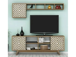 Dmora Armário de TV Dpandolf, Aparador de sala, Armário de TV baixo, Base de parede equipada, 160x35h56 cm, Nogueira e Branco^ Móvel De Tv