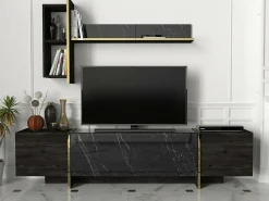 Dmora Armário de TV Dpascutt, Aparador de sala, Armário de TV baixo, Base de parede equipada, 180x32h45 cm, e Dourado^ Móvel De Tv
