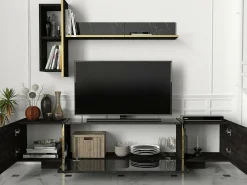 Dmora Armário de TV Dpascutt, Aparador de sala, Armário de TV baixo, Base de parede equipada, 180x32h45 cm, e Dourado^ Móvel De Tv
