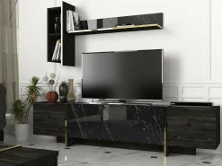 Dmora Armário de TV Dpascutt, Aparador de sala, Armário de TV baixo, Base de parede equipada, 180x32h45 cm, e Dourado^ Móvel De Tv