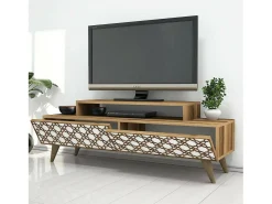 Dmora Armário de TV DpieroBo, Aparador de sala, Armário de TV baixo, Base de parede equipada, 140x42h49 cm, Nogueira e Branco^ Móvel De Tv