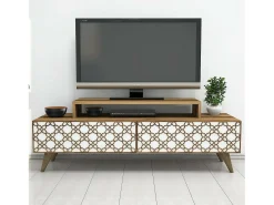 Dmora Armário de TV DpieroBo, Aparador de sala, Armário de TV baixo, Base de parede equipada, 140x42h49 cm, Nogueira e Branco^ Móvel De Tv