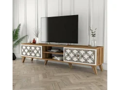 Discount Dmora Armário de TV Dpietr, Aparador de sala, Armário de TV baixo, Base de parede equipada, 180x35h44 cm, Nogueira e Branco Castanho