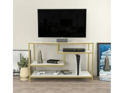 Dmora Armário de TV Dplizzar, Aparador de sala, ArmárioBaixo para TV, Base de parede equipada, 120x39h75 cm, Ouro e Branco^ Móvel De Tv