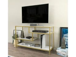 Dmora Armário de TV Dplizzar, Aparador de sala, ArmárioBaixo para TV, Base de parede equipada, 120x39h75 cm, Ouro e Branco^ Móvel De Tv