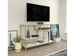 Dmora Armário de TV Dplizzar, Aparador de sala, ArmárioBaixo para TV, Base de parede equipada, 120x39h75 cm, Ouro e Branco^ Móvel De Tv