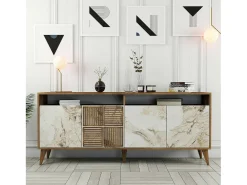 New Dmora Armário de TV Dpogg, Aparador de sala, Armário de TV baixo, Base de parede equipada, 180x35 h79 cm, Mármore de nogueira e branco Castanho