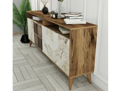 New Dmora Armário de TV Dpogg, Aparador de sala, Armário de TV baixo, Base de parede equipada, 180x35 h79 cm, Mármore de nogueira e branco Castanho