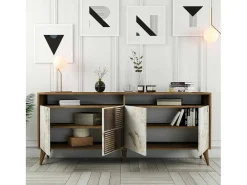 New Dmora Armário de TV Dpogg, Aparador de sala, Armário de TV baixo, Base de parede equipada, 180x35 h79 cm, Mármore de nogueira e branco Castanho