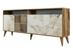 New Dmora Armário de TV Dpogg, Aparador de sala, Armário de TV baixo, Base de parede equipada, 180x35 h79 cm, Mármore de nogueira e branco Castanho
