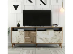 New Dmora Armário de TV Dpogg, Aparador de sala, Armário de TV baixo, Base de parede equipada, 180x35 h79 cm, Mármore de nogueira e branco Castanho
