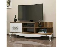 Móvel De Tv*Dmora Armário de TV Dporrin, Aparador de sala, Armário de TV baixo, Base de parede equipada, 130x45h51 cm, Nogueira e Branco Castanho