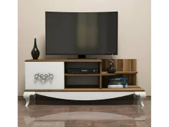 Móvel De Tv*Dmora Armário de TV Dporrin, Aparador de sala, Armário de TV baixo, Base de parede equipada, 130x45h51 cm, Nogueira e Branco Castanho