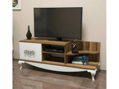 Móvel De Tv*Dmora Armário de TV Dporrin, Aparador de sala, Armário de TV baixo, Base de parede equipada, 130x45h51 cm, Nogueira e Branco Castanho