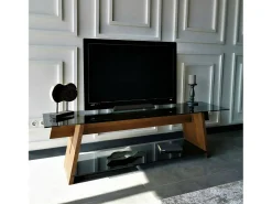 Móvel De Tv|Dmora Armário de TV Dpotenz, Aparador de sala, Armário de TV baixo, Base de parede equipada, 158x40h45 cm, Nogueira e Preto Castanho
