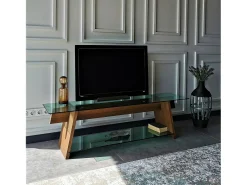 Móvel De Tv|Dmora Armário de TV Dpotenz, Aparador de sala, Armário de TV baixo, Base de parede equipada, 158x40h45 cm, Nogueira e Verde Castanho