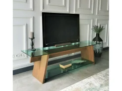 Móvel De Tv|Dmora Armário de TV Dpotenz, Aparador de sala, Armário de TV baixo, Base de parede equipada, 158x40h45 cm, Nogueira e Verde Castanho