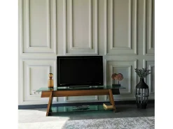 Móvel De Tv|Dmora Armário de TV Dpotenz, Aparador de sala, Armário de TV baixo, Base de parede equipada, 158x40h45 cm, Nogueira e Verde Castanho