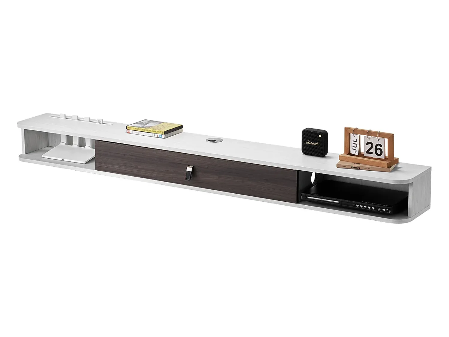 Móvel De Tv| Armário de TV Montado na Parede SucceBuy Suporte de TV Flutuante de Parede, 180 cm, Consola de Multimédia com Gestão de Cabos, Prateleira Moderna de Aglomerado Branco