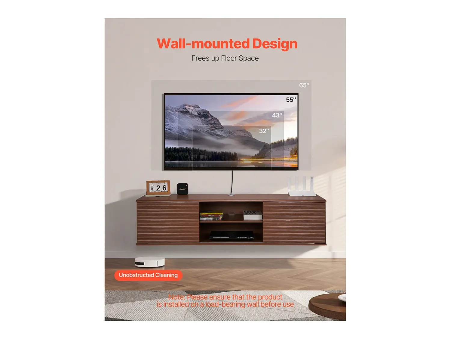 Hot Armário de TV Montado na Parede SucceBuy Suporte de TV Flutuante de Parede, 152 cm, Consola de Multimédia com Prateleiras Ajustáveis e Portas de Correr Castanho