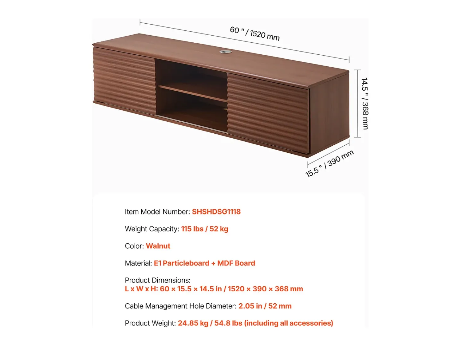 Hot Armário de TV Montado na Parede SucceBuy Suporte de TV Flutuante de Parede, 152 cm, Consola de Multimédia com Prateleiras Ajustáveis e Portas de Correr Castanho
