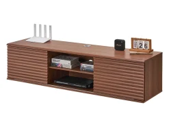 Hot Armário de TV Montado na Parede SucceBuy Suporte de TV Flutuante de Parede, 152 cm, Consola de Multimédia com Prateleiras Ajustáveis e Portas de Correr Castanho