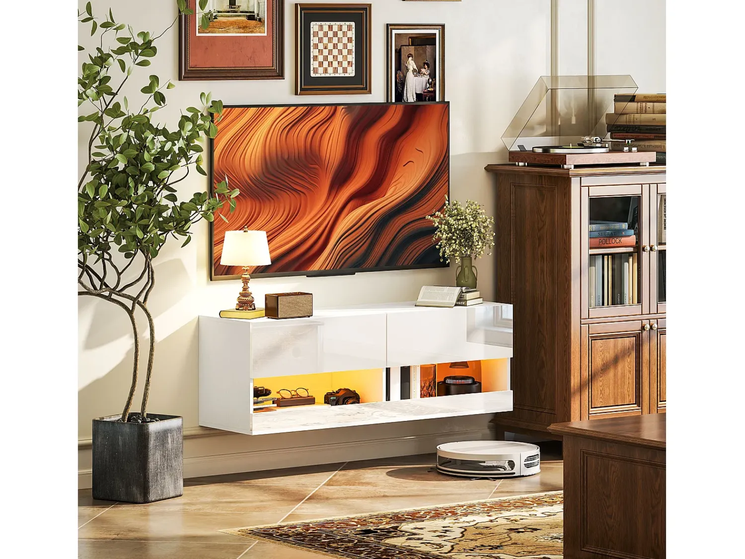 Armário de TV pendurado 120x35x40,5cm, iluminação LED, 16 modos, brilhante^ Móvel De Tv