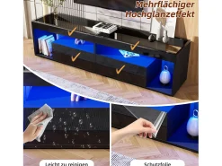 Móvel De Tv| Armário de TV, brilhante, com LED, 2 gavetas, para até 70 polegadas Preto