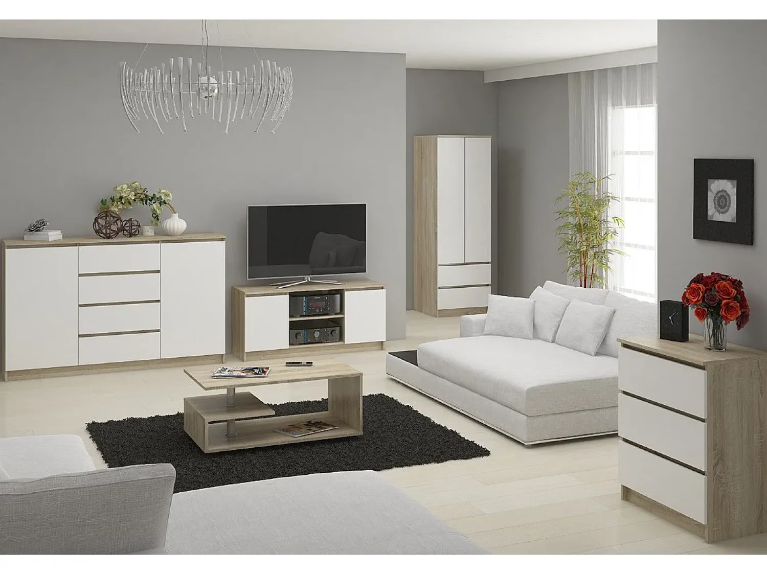 New Akord Armário de TV Sonora 120cm 2 Portas e 1 Prateleira em Carvalho Sonoma/Branco Natural claro / Branco