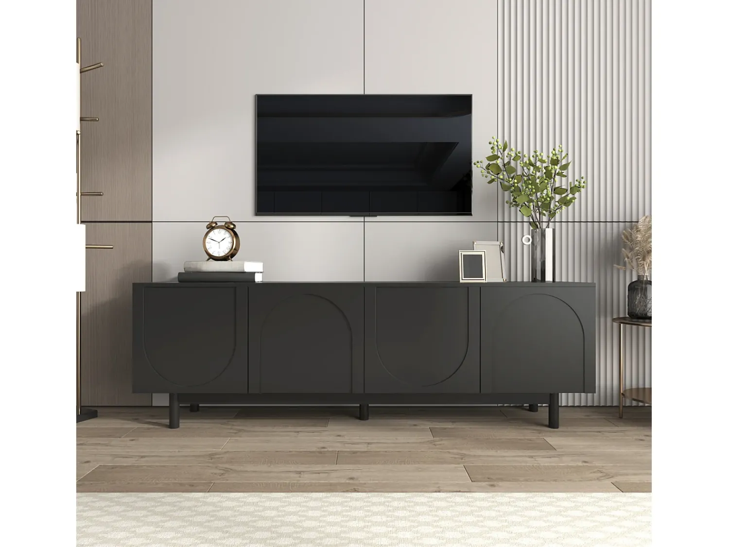 Móvel De Tv| Armário de TV 175x38x56 cm, moderno, pratos de inserção ajustáveis, Design de luxo Preto