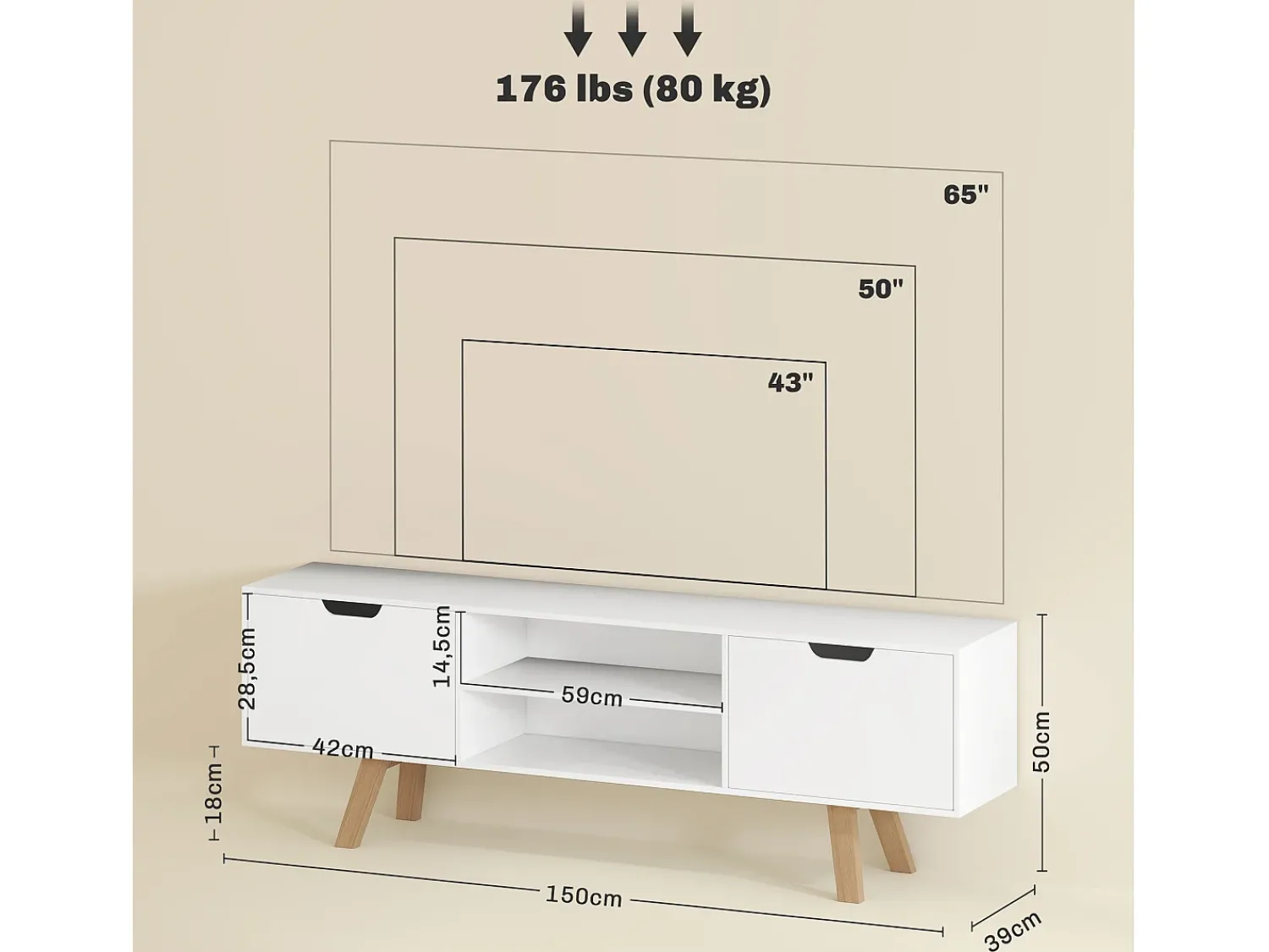 Armário de TV 150x39x50cm, 2 armários e 2 prateleiras, para até 65 polegadas,^ Móvel De Tv