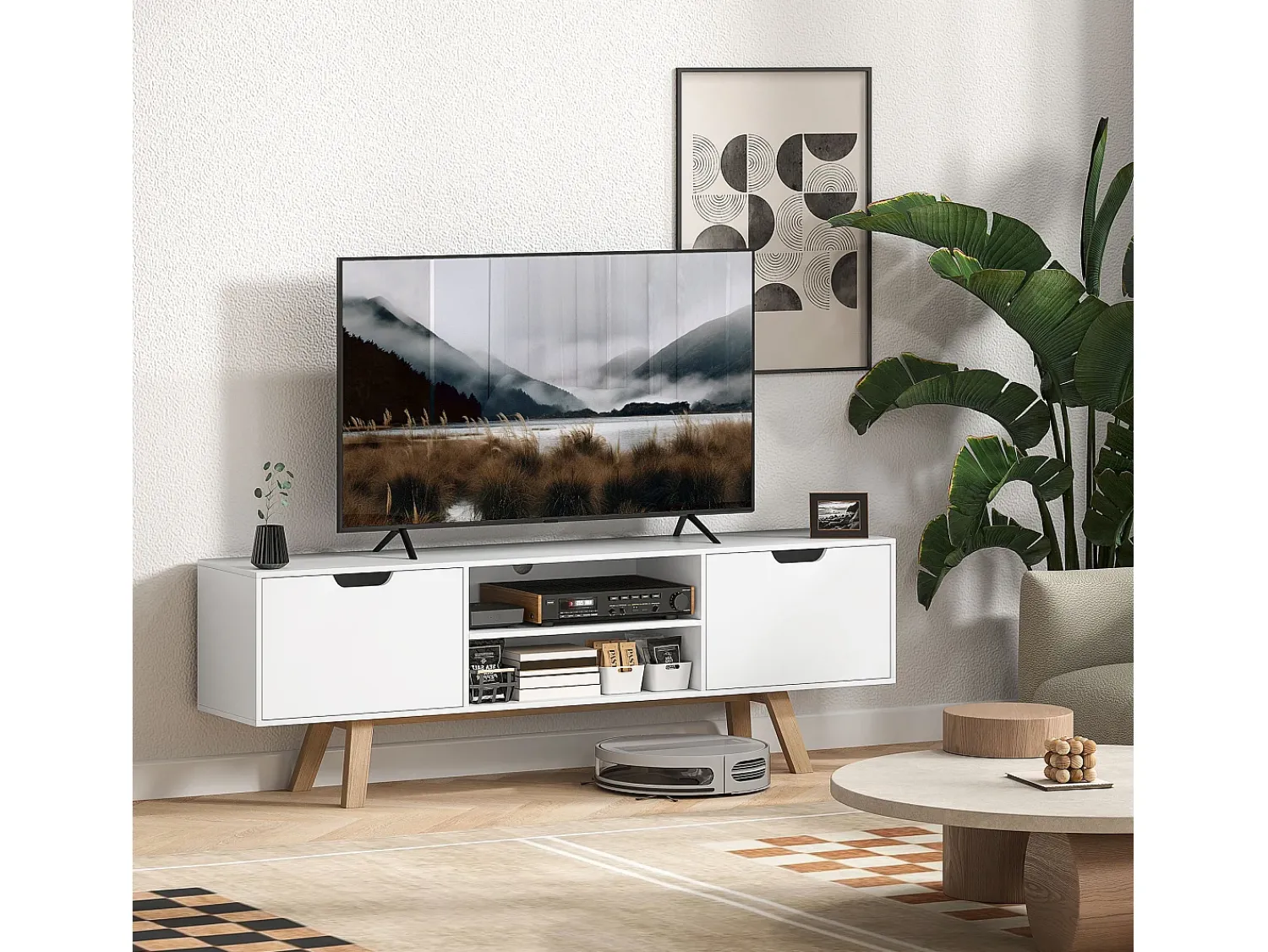 Armário de TV 150x39x50cm, 2 armários e 2 prateleiras, para até 65 polegadas,^ Móvel De Tv