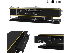 Móvel De Tv| Armário de TV 180x38x45cm, 3 gavetas, compartimento aberto, LED com mudança de cor, Brilhante Preto
