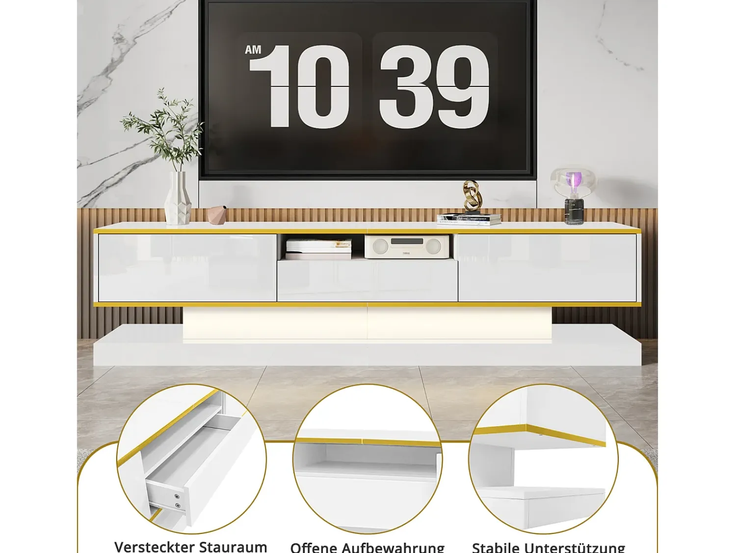 Hot Armário de TV 180x38x45cm, 3 gavetas, compartimento aberto, LED com mudança de cor, Brilhante Branco