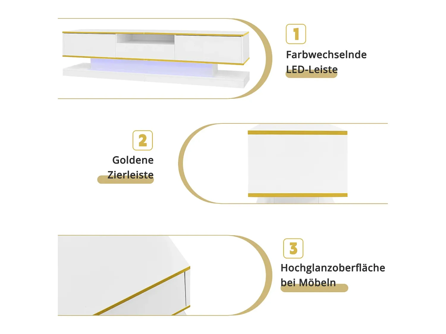 Hot Armário de TV 180x38x45cm, 3 gavetas, compartimento aberto, LED com mudança de cor, Brilhante Branco