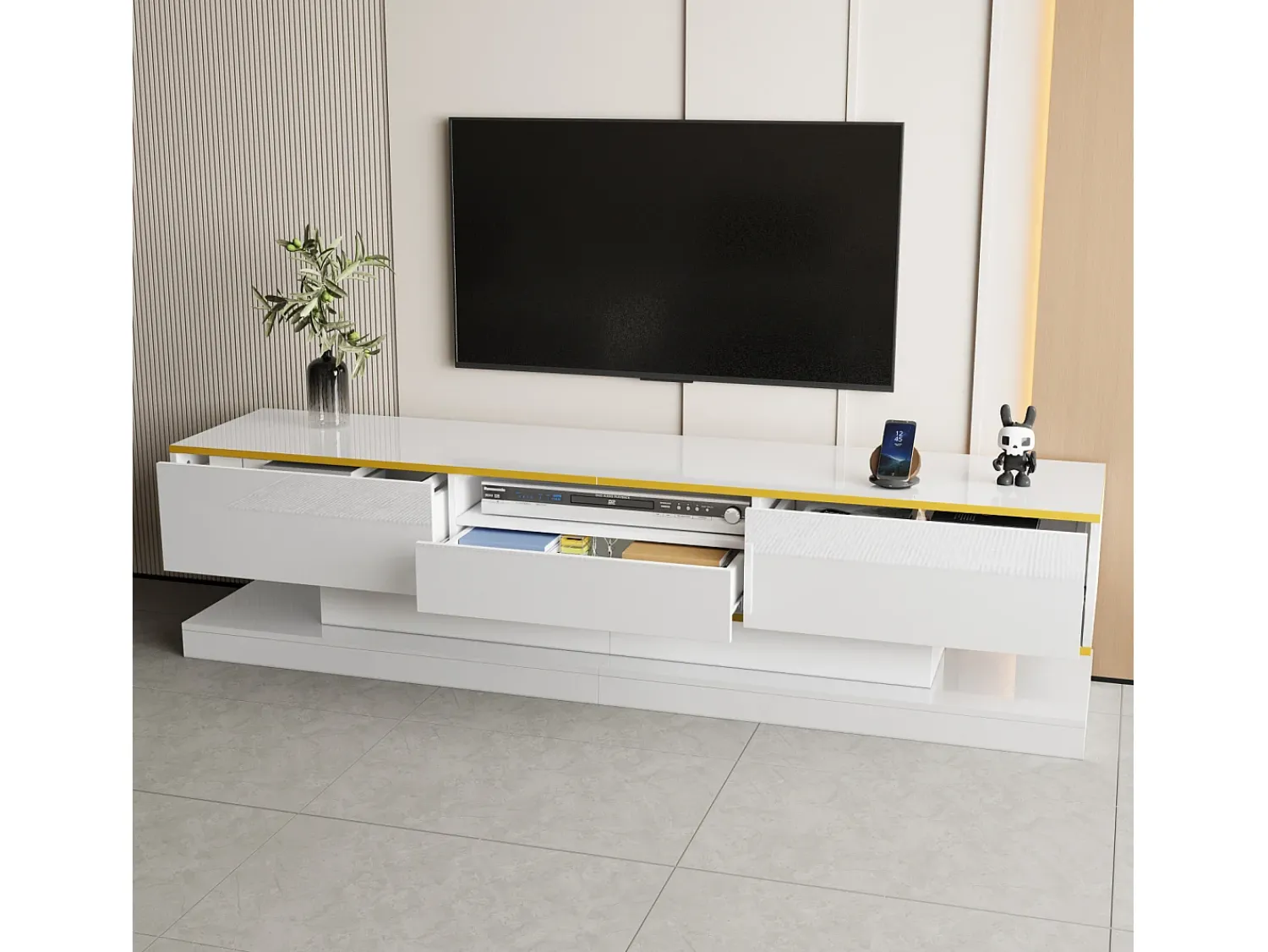 Hot Armário de TV 180x38x45cm, 3 gavetas, compartimento aberto, LED com mudança de cor, Brilhante Branco