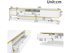 Hot Armário de TV 180x38x45cm, 3 gavetas, compartimento aberto, LED com mudança de cor, Brilhante Branco