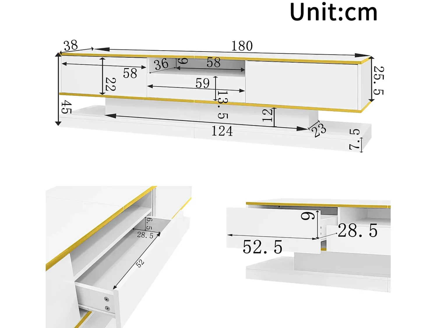 Hot Armário de TV 180x38x45cm, 3 gavetas, compartimento aberto, LED com mudança de cor, Brilhante Branco