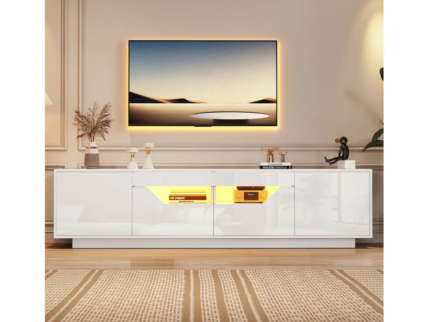 Móvel De Tv* Armário de TV 180x40x45cm, 2 gavetas e 2 armários, LED, para até 75 polegadas, Branco